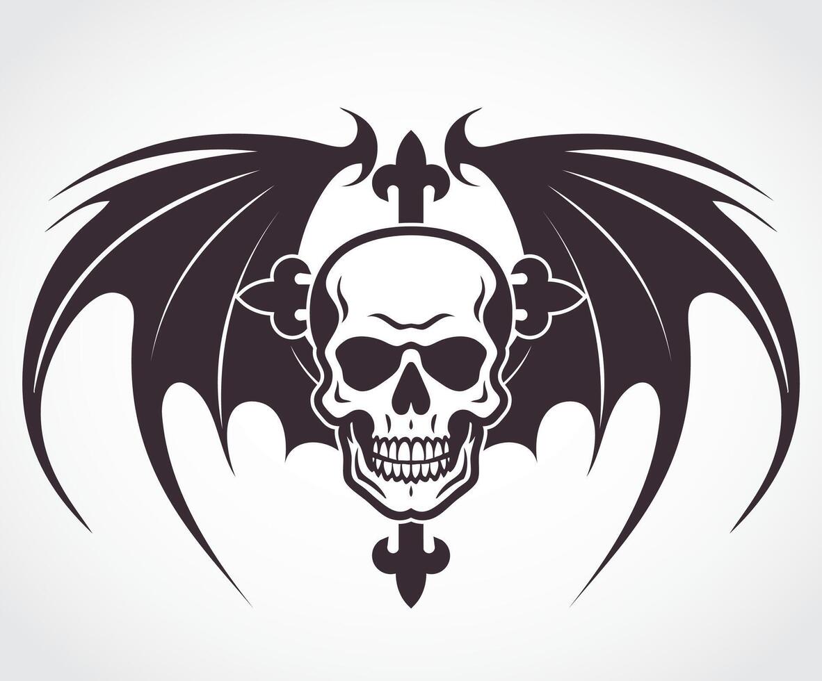 skull with cross and demon wings decorative tattoo symbol vector