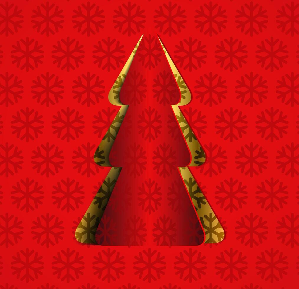 golden christmas tree cut out of red ornamental paper vector