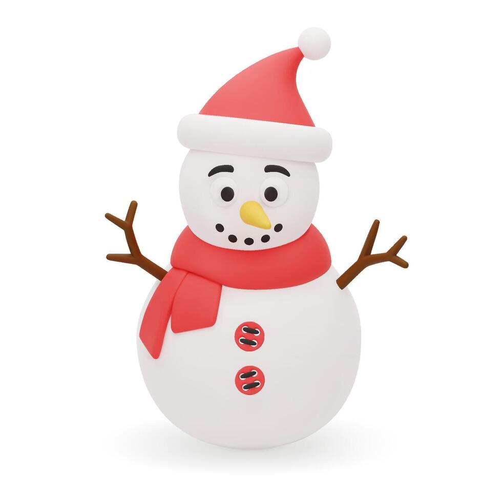 3d realistic cute snowman with Xmas hat. Cute Christmas character. 3D illustration isolated on white background. vector