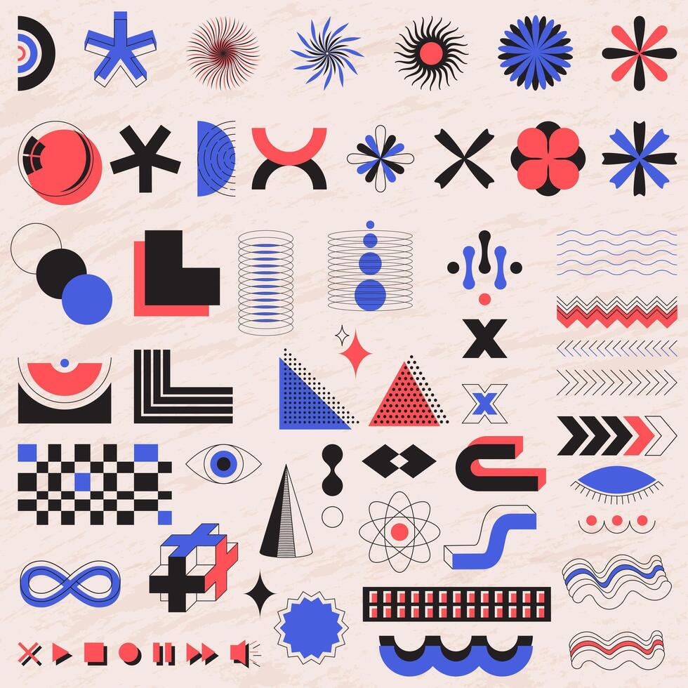 A set of graphic elements. Bauhaus and brutalism style inspired. abstract linear elements and bold geometric shapes. Great for posters, flyers, covers, web design. Retro futurism shapes. vector