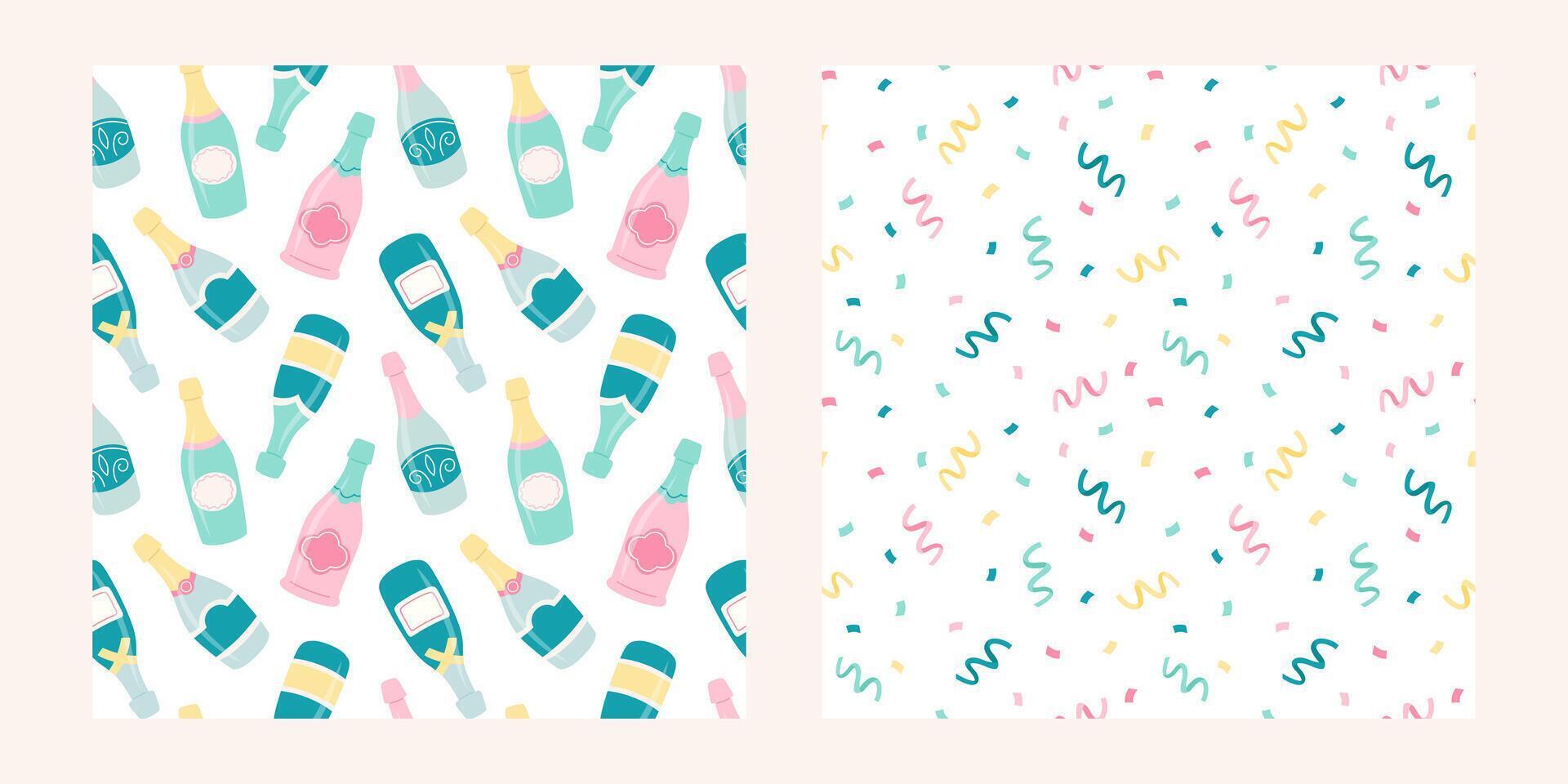 Seamless patterns set of champagne bottles and confetti in pastel colors in cute cartoon flat style. Isolated on white. Valentine day, wedding, party, bachelorette party backgrounds. vector