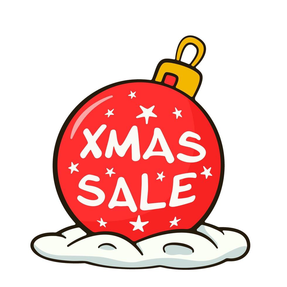 Christmas bauble with XMAS SALE lettering lying in the snow. Cartoon illustration vector