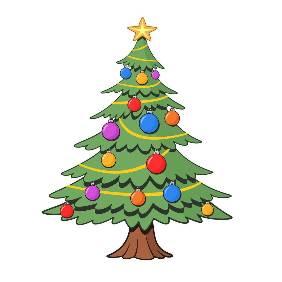 Christmas tree with star and colorful baubles. Cartoon illustration vector