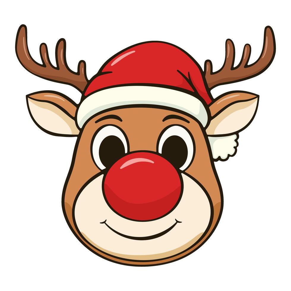 Reindeer with red nose and hat. Cartoon illustration vector