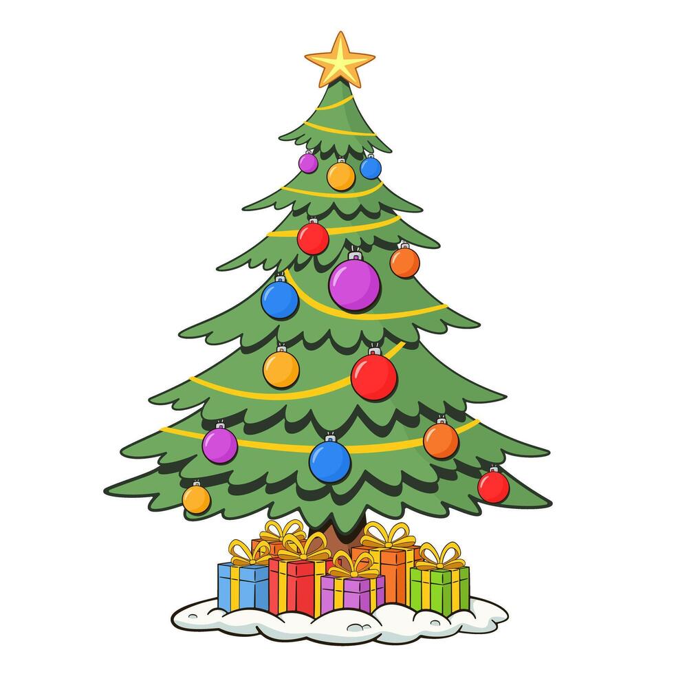 Christmas tree with colorful gift boxes in the snow. Cartoon illustration vector