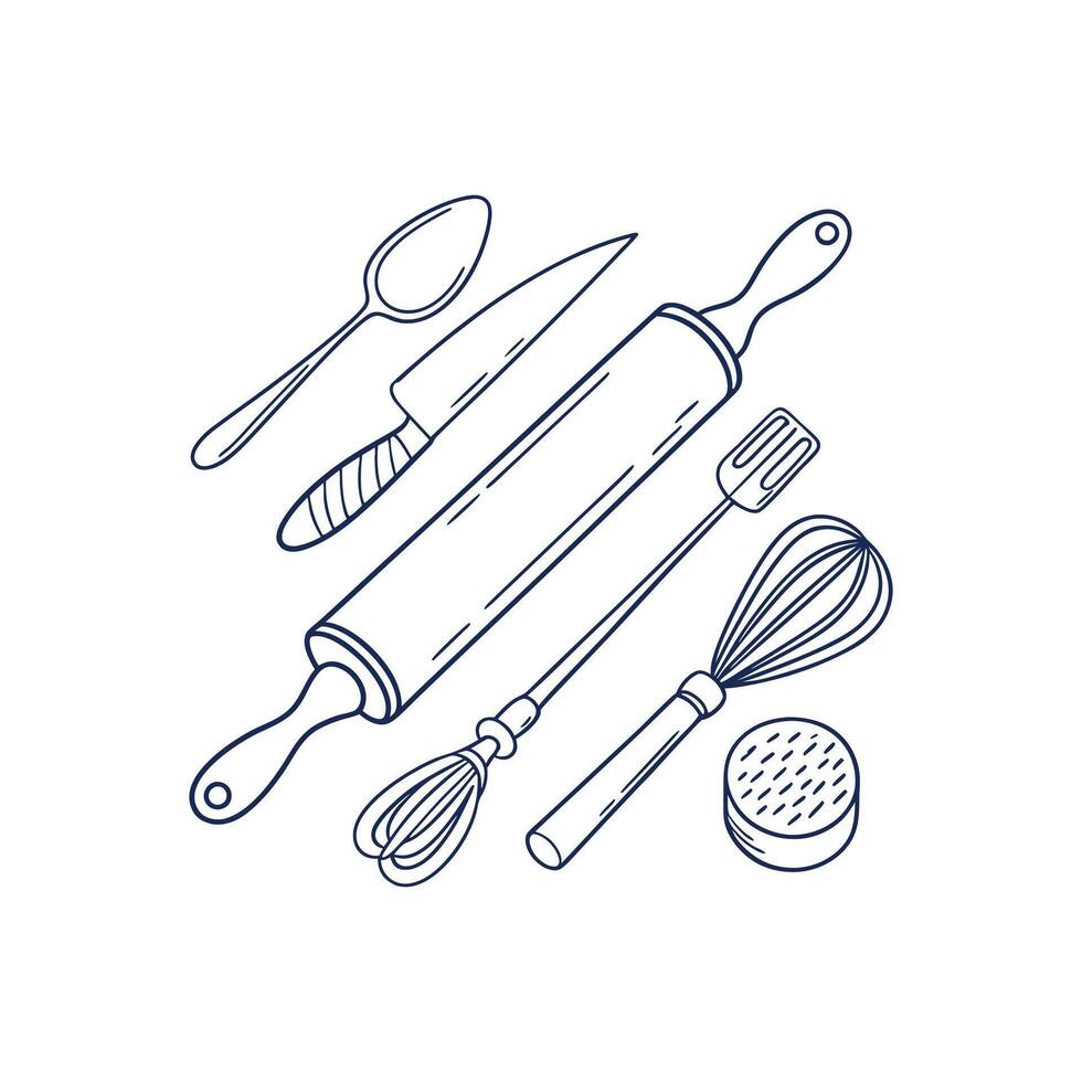 Kitchen utensils and tools in line art style vector
