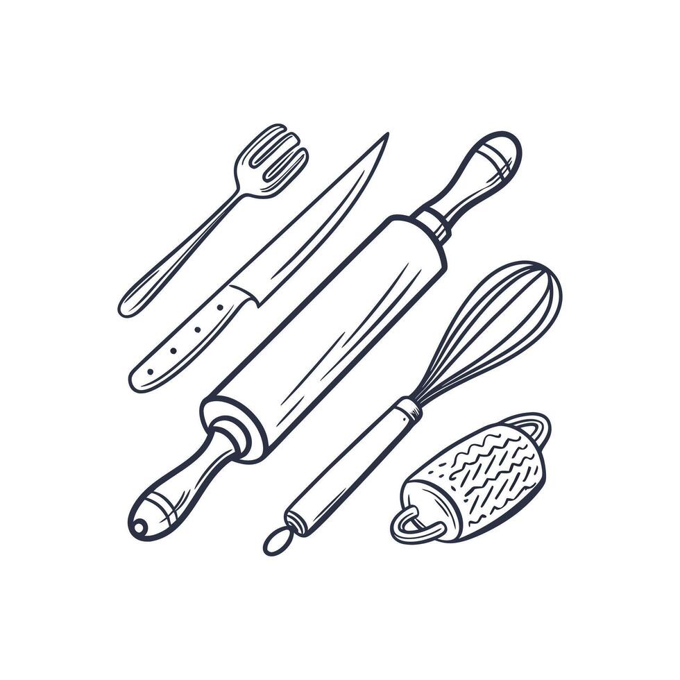 Kitchen utensils and tools, including a rolling pin, knife, and whisk vector
