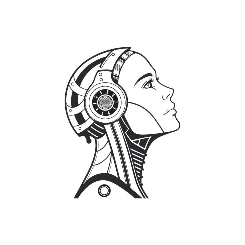 A robot woman with headphones on her head vector