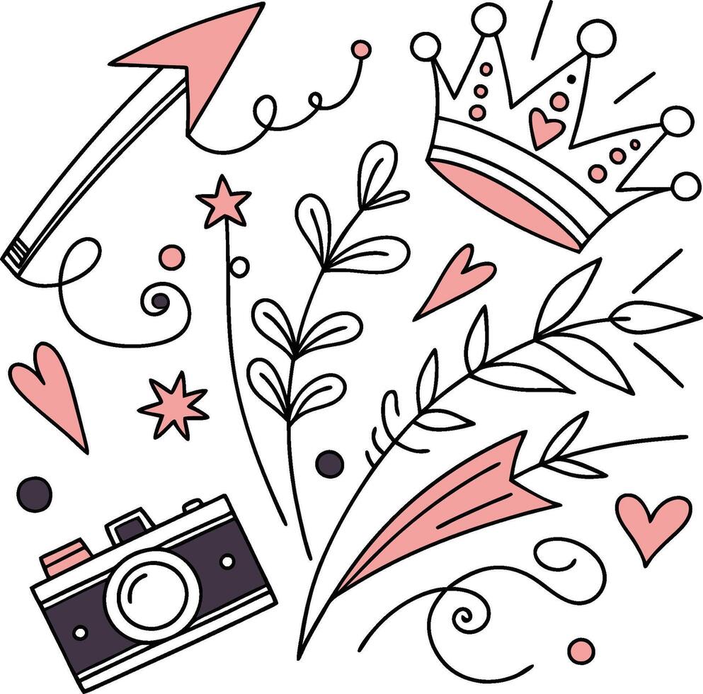 A set of doodle elements with a camera, crown, heart, arrow and other items vector