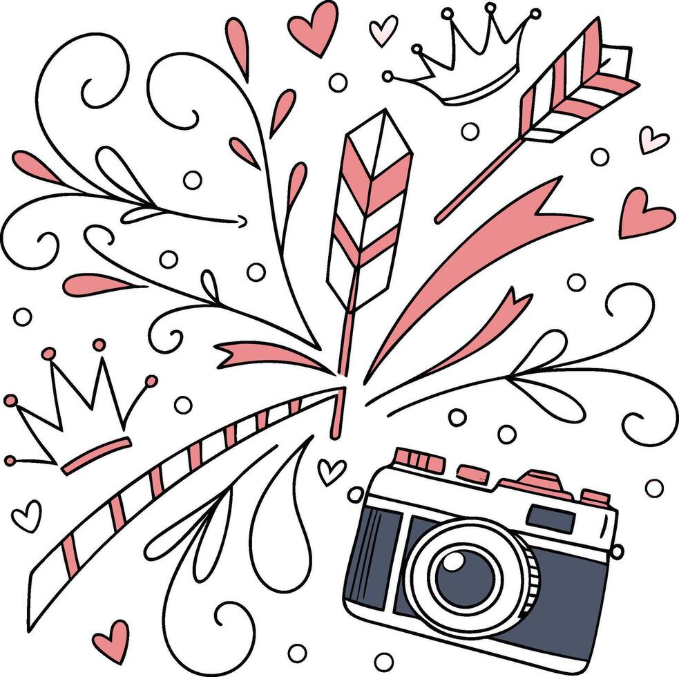 A camera and crowns are in the background vector