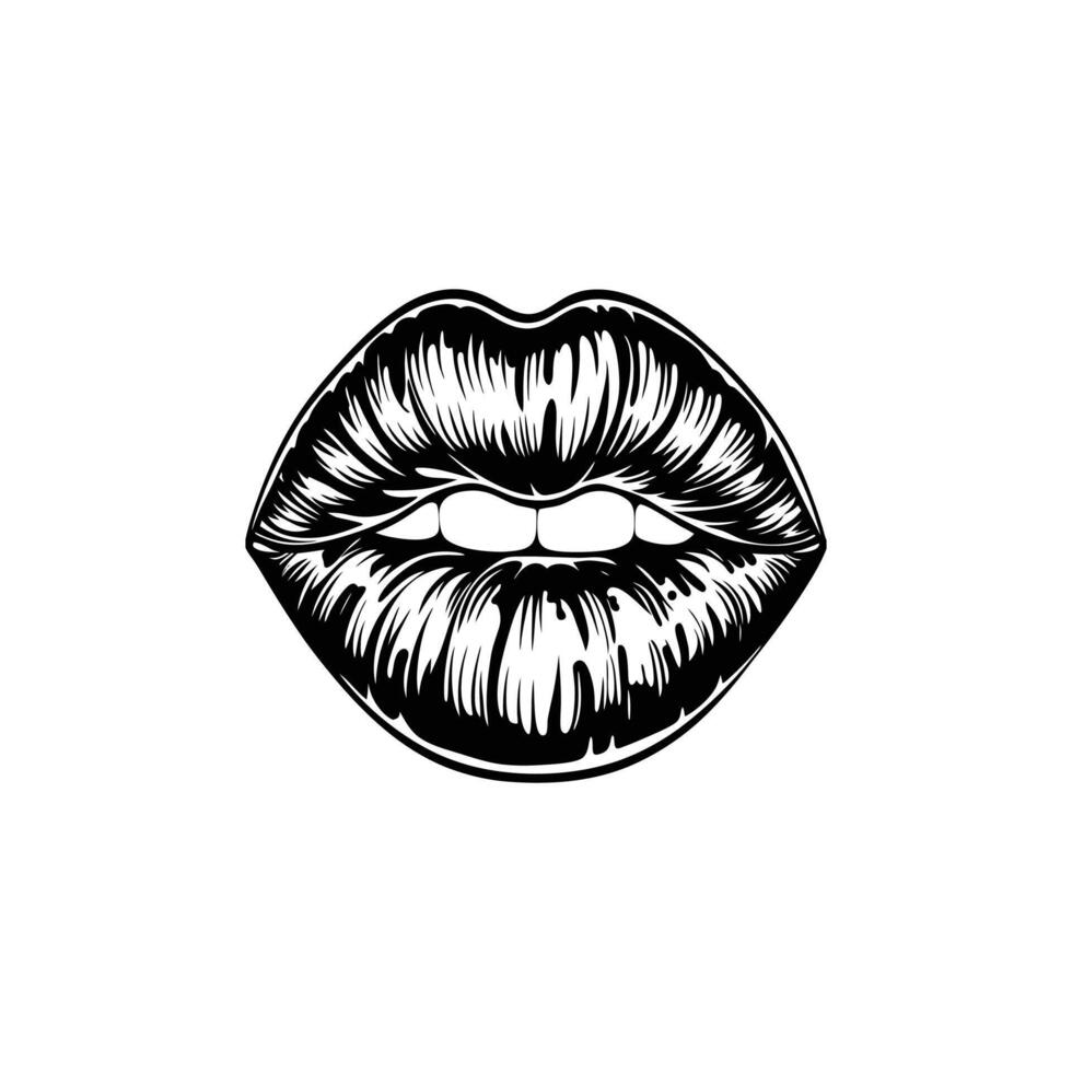 A black and white drawing of a woman's lips vector
