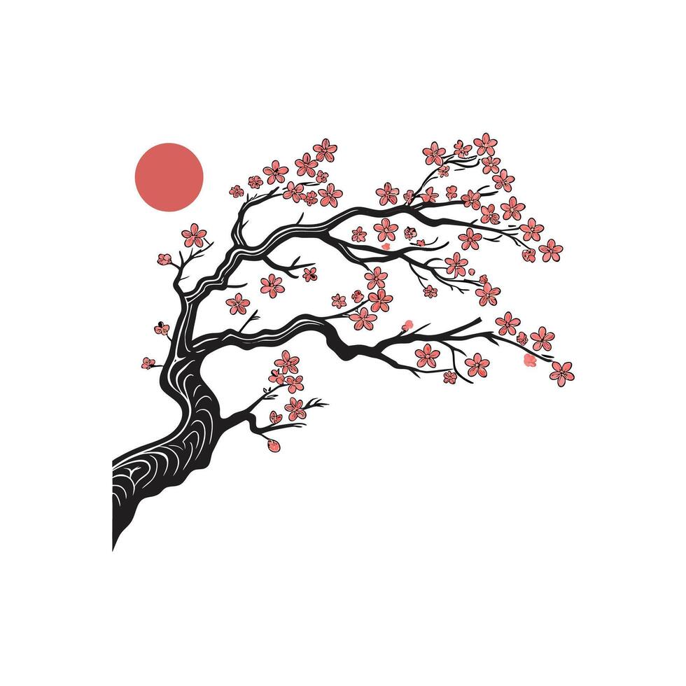 A tree with red flowers and a sun in the background vector