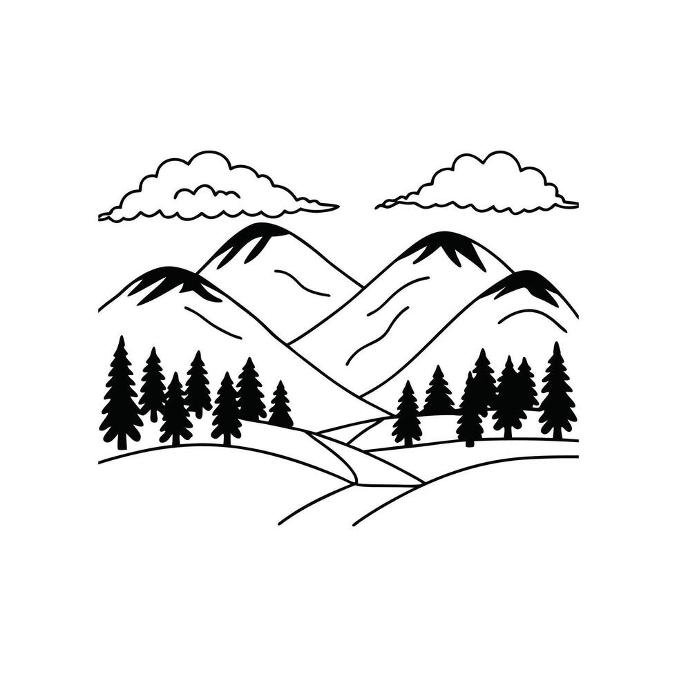 A black and white drawing of mountains and trees vector