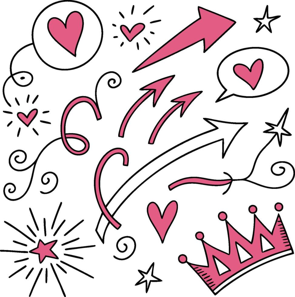 A set of pink doodle icons with hearts and arrows vector