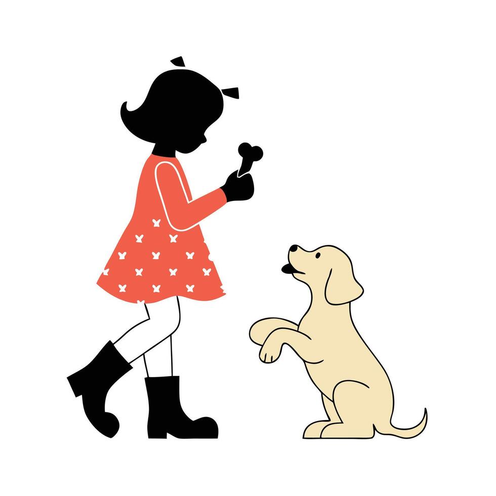 A girl is playing with a dog in silhouette vector