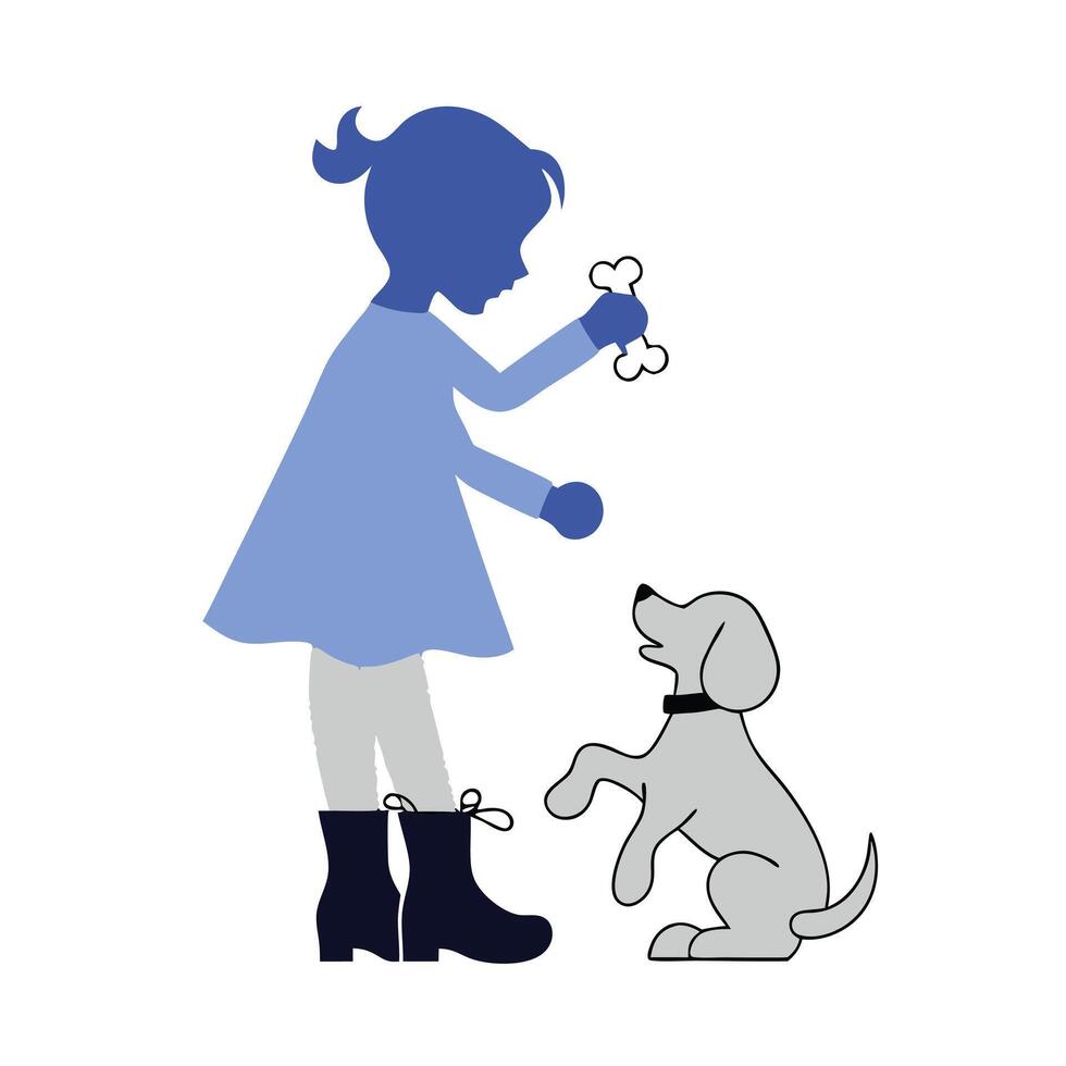 A girl is playing with a dog in a blue dress vector