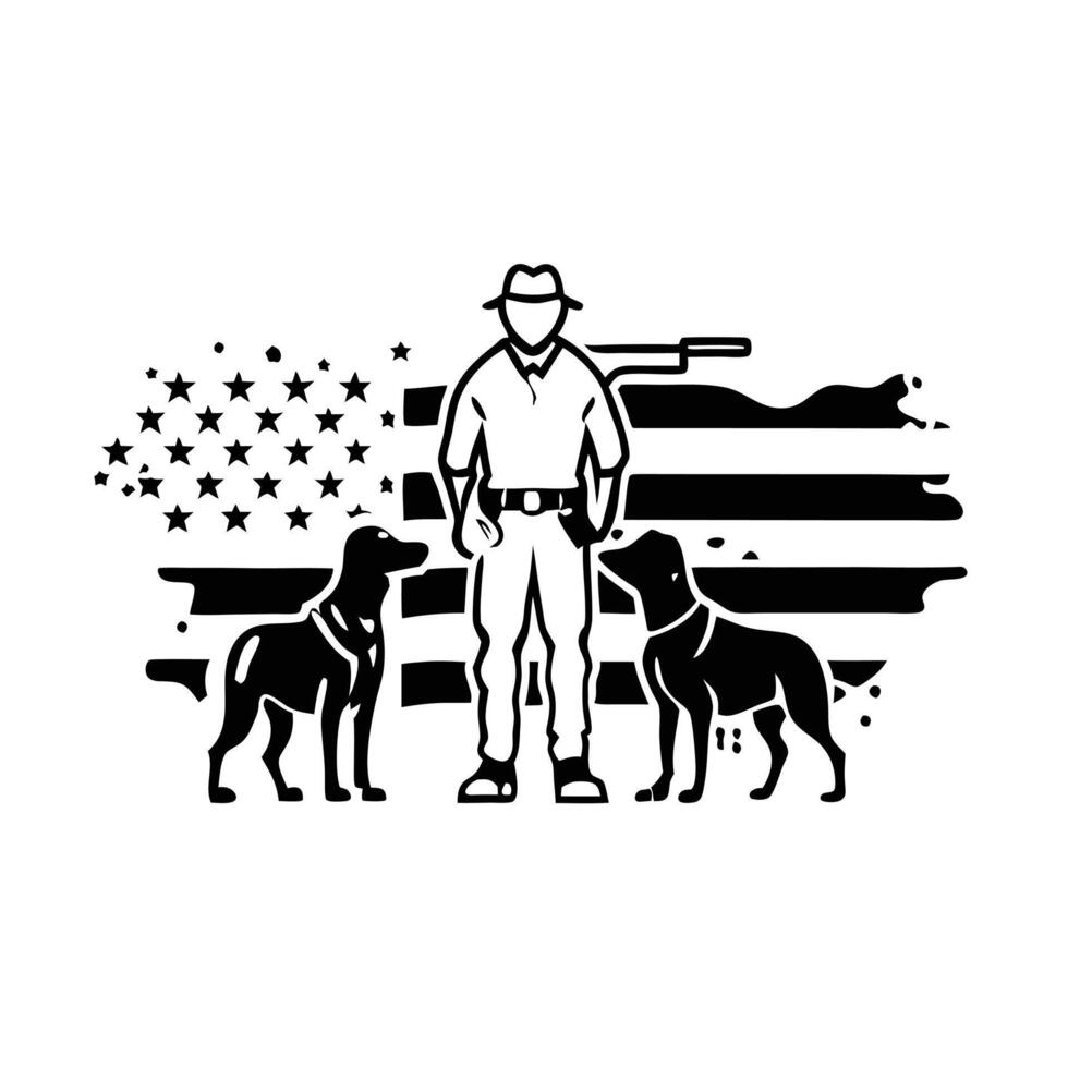 A man with a gun and two dogs in front of an american flag vector