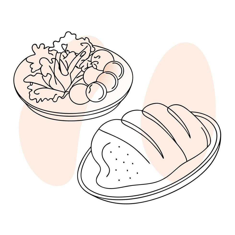 A drawing of a plate with bread and salad vector