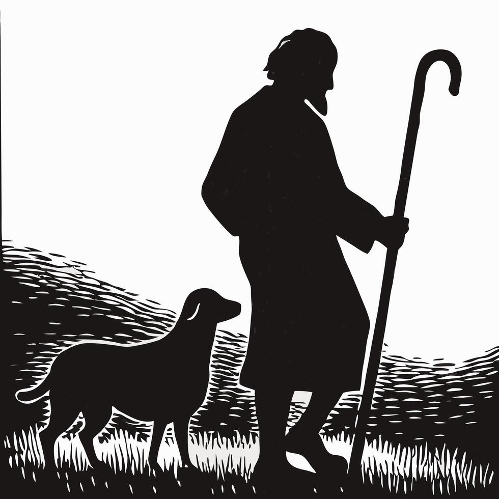 A silhouette of a man with a dog and a stick vector