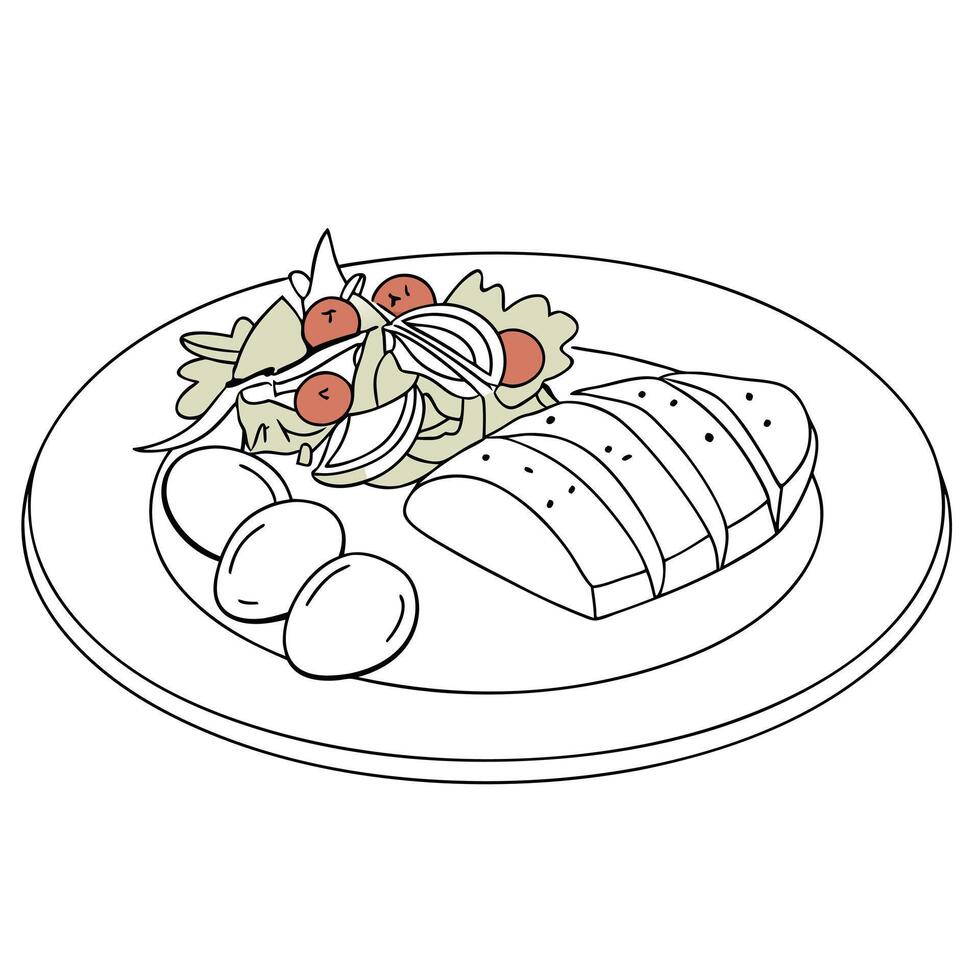 A drawing of a plate with meat and vegetables vector