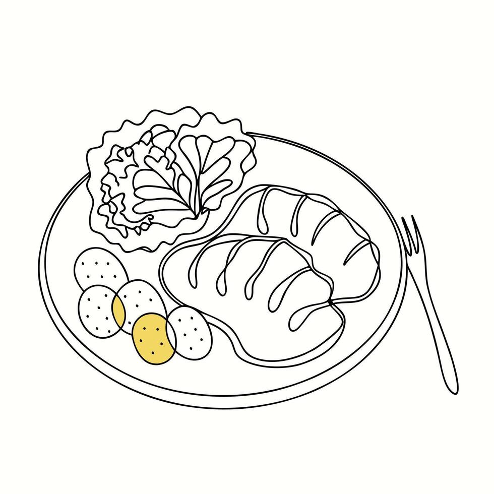 A drawing of a plate with meat and vegetables vector