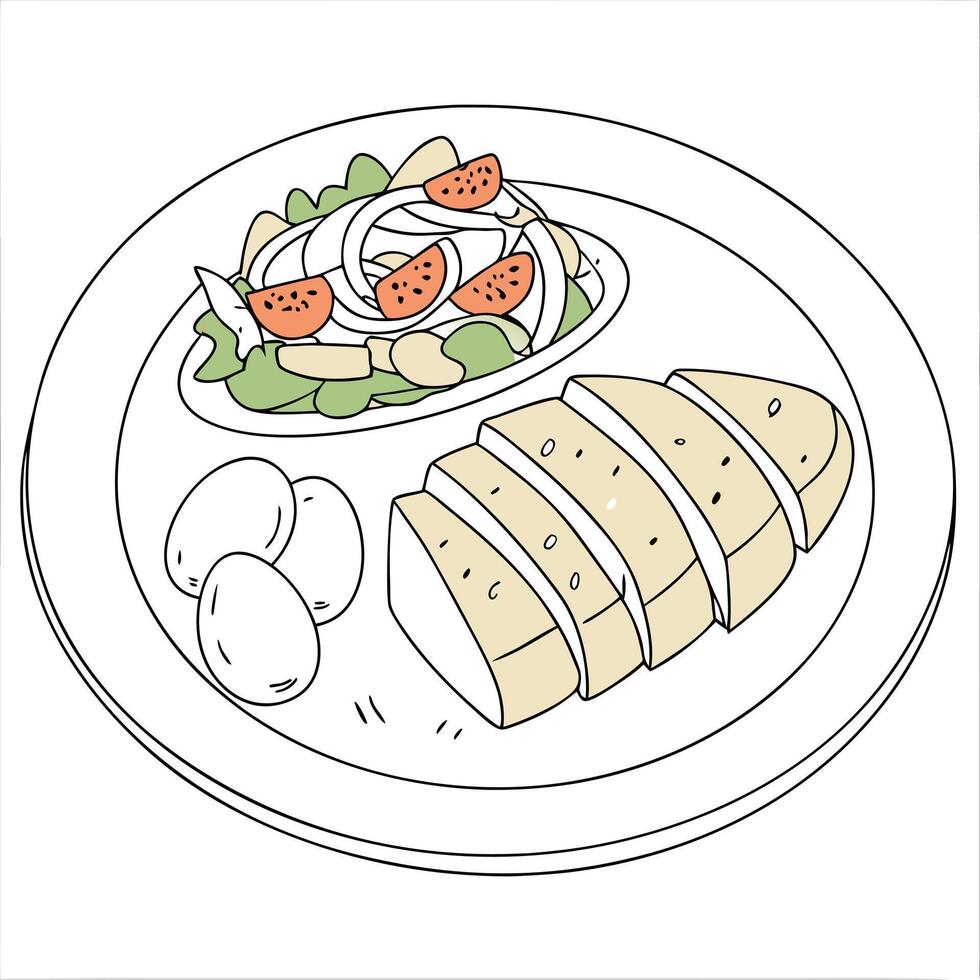 A drawing of a plate with chicken and salad vector