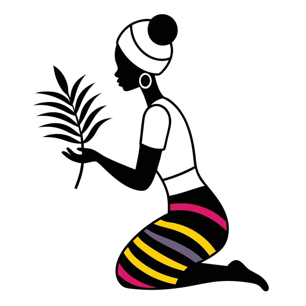 A woman kneeling down with a palm leaf vector