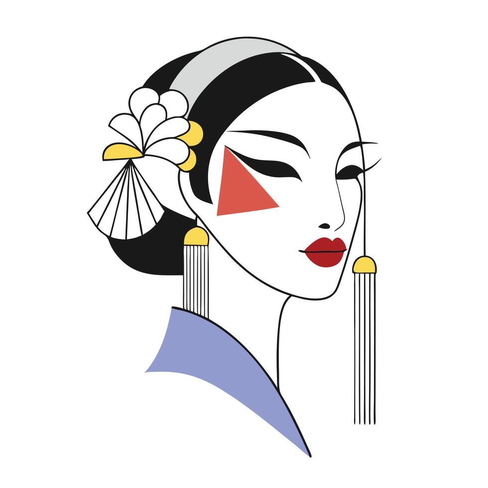 A woman with a red and white geometric pattern on her face vector