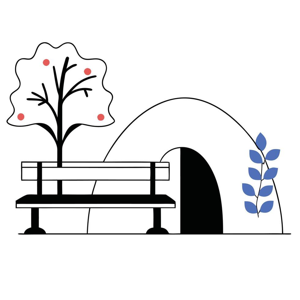 A bench and tree in front of a cave vector