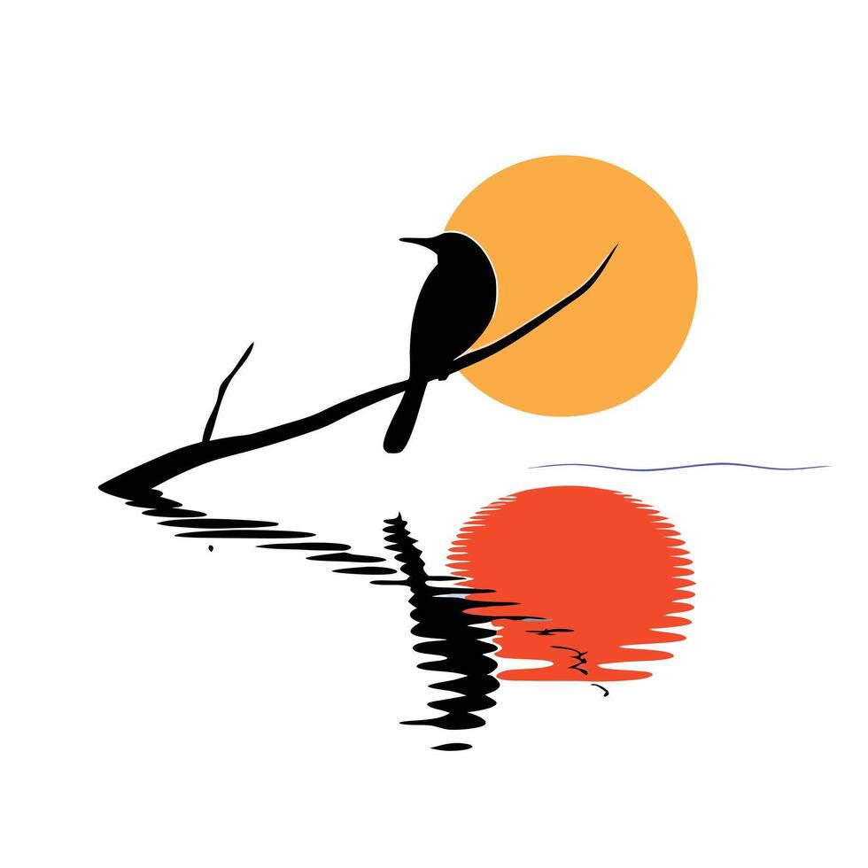 A bird sitting on a branch in the water with the sun in the background vector