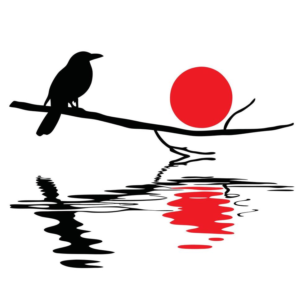 A crow sitting on a branch with the sun in the background vector