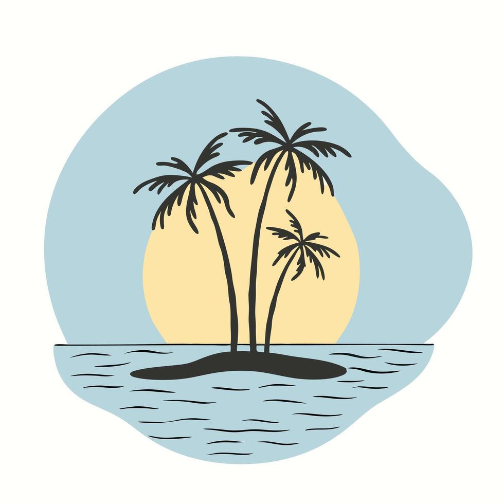 Tropical island palm trees and sunset illustration vector