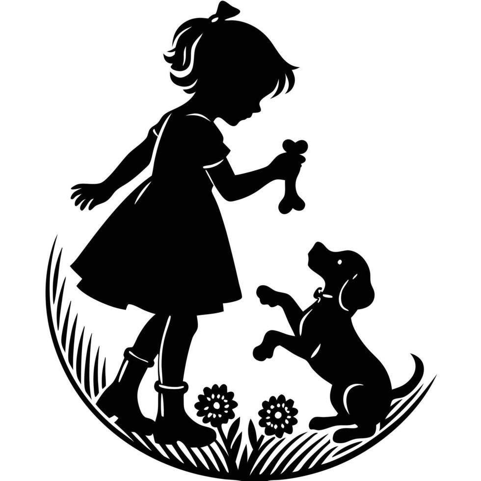 Little girl and dog silhouette vector