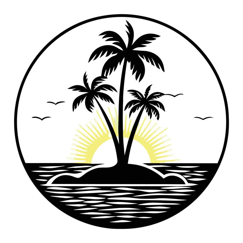 The sun is setting over a palm tree in a circle vector