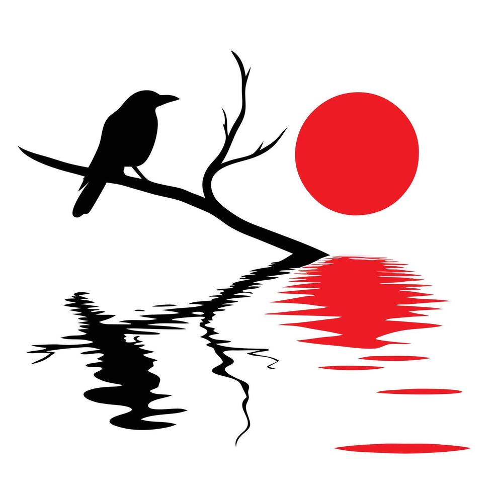 A crow sitting on a branch with the sun in the background vector