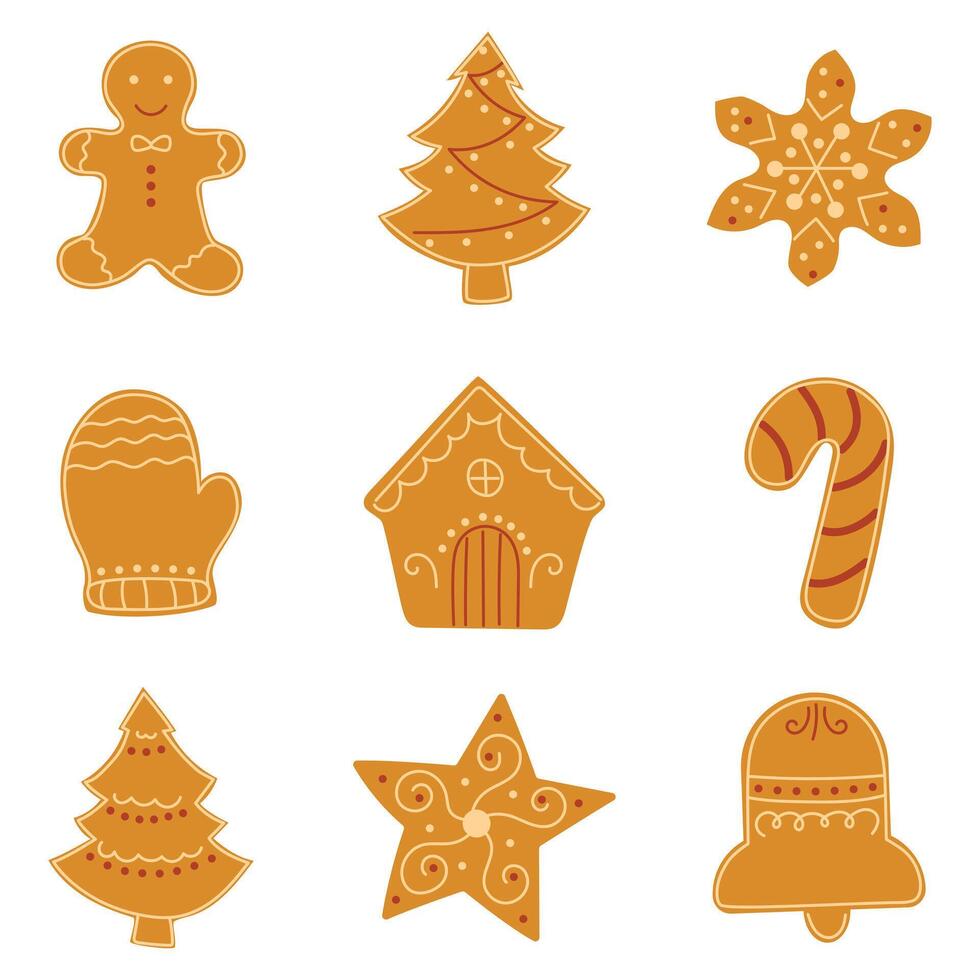 set of gingerbread Christmas cookies. An adorable collection of classic gingerbread cookies - gingerbread man, Christmas tree, snowflake, mitten, lollipop, house, star and bell vector
