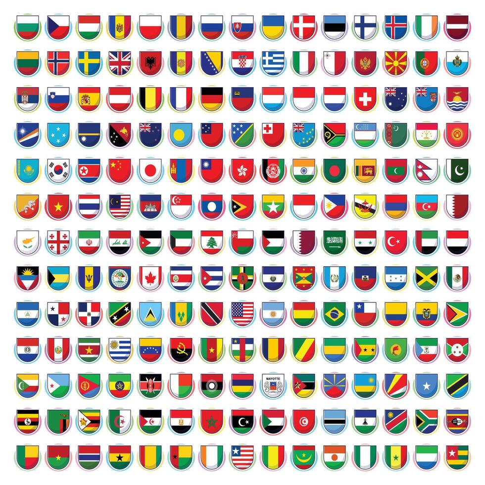 World national flags collection. Official country signs, symbols, button, and emblems. International flag symbol for lessons and knowledge in world education vector