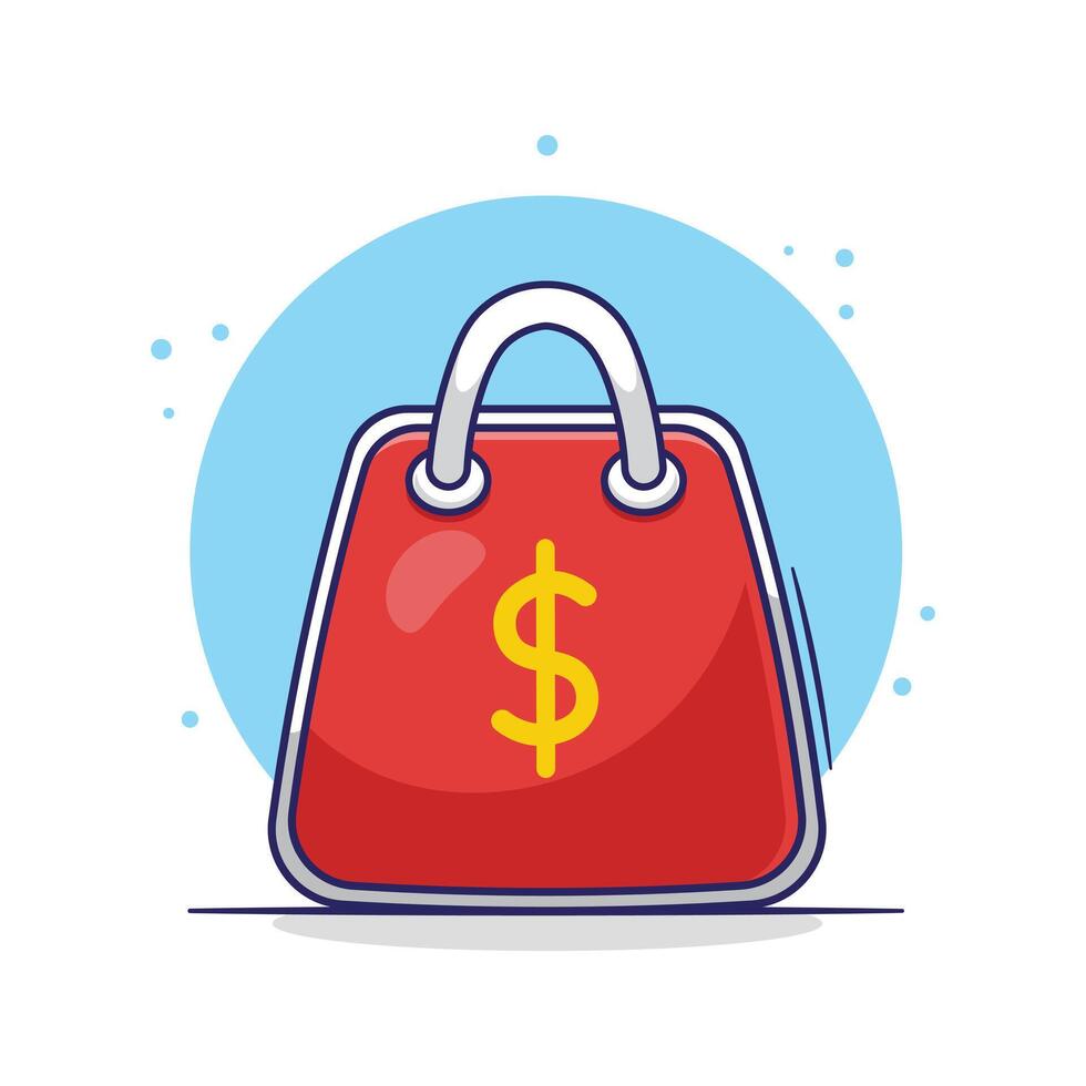 Red shopping bag cartoon icon, mascot, object illustration with gold dollar symbol on the side vector