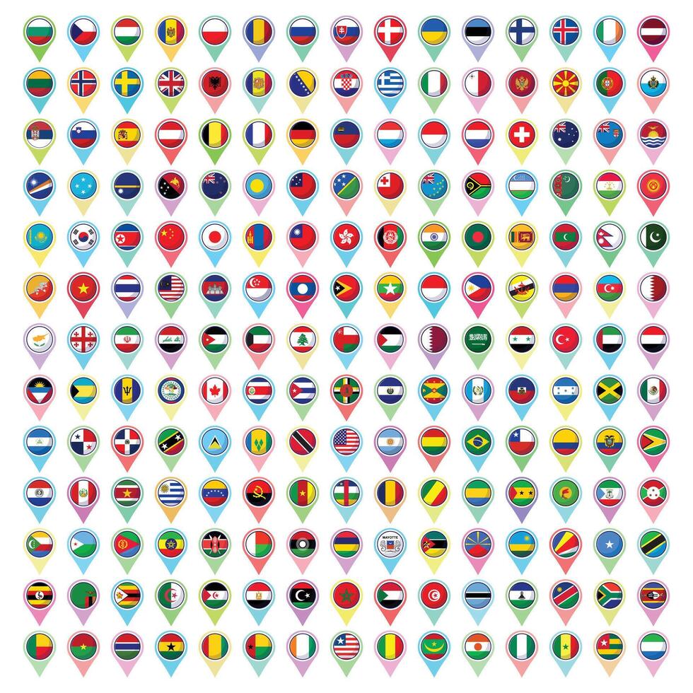 World national flags design. Official country sign, icon, symbols. International travel map symbols, geography and language lesson flags for education vector