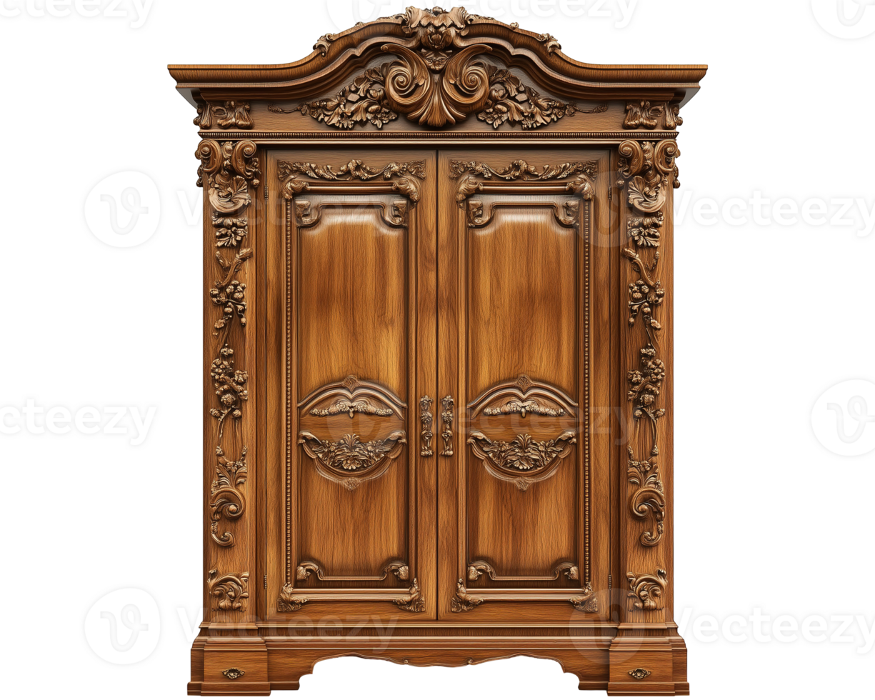 Ornate wooden wardrobe with intricate carvings and design. png