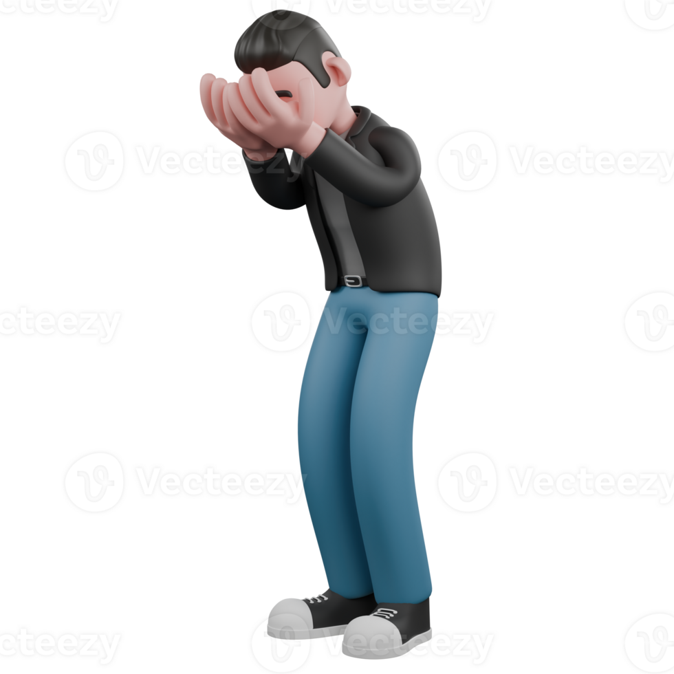 Cartoon-Style 3D Model. A male screenwriter stands with both hands on his face, shoulders down, expression broken and sad. Cartoon Screenwriter Illustration Design png