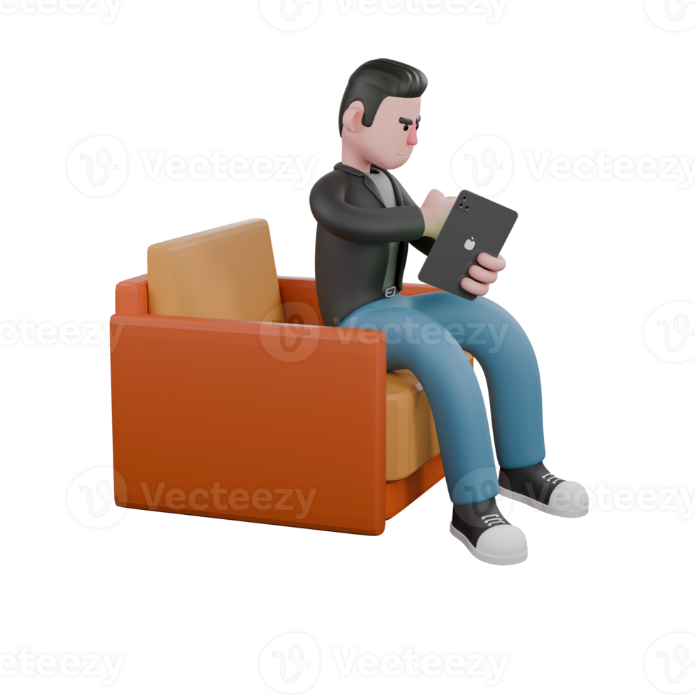 Creative 3D Model. A male screenwriter sits on a sofa holding a tablet in his left hand, and his right hand as if he is operating the tablet. Screenwriter Character png