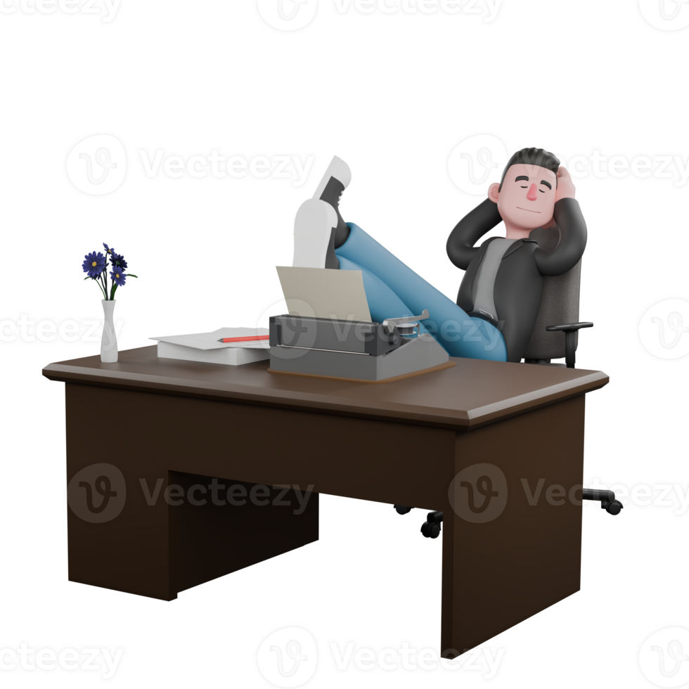 Cartoon-Style 3D Model. A Male Screenwriter is sitting on a chair with his feet on a table, hands behind his head. Cartoon Screenwriter Illustration Design png