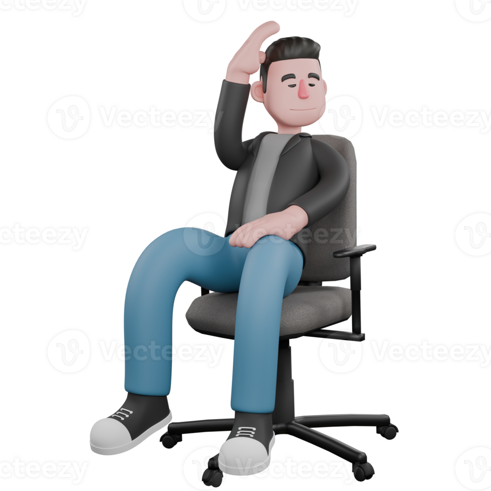 3D Screenwriter Character. A male screenwriter sits on a chair with one hand holding his head while the other hand is on his thigh. Artistic Illustration png