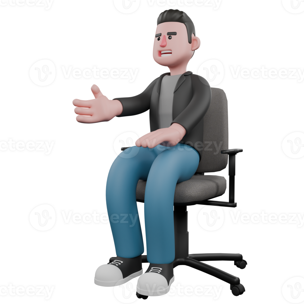 3D Screenwriter Character. A male screenwriter sitting on a chair with his right hand extended forward while his left hand is on his lap. Artistic Illustration png
