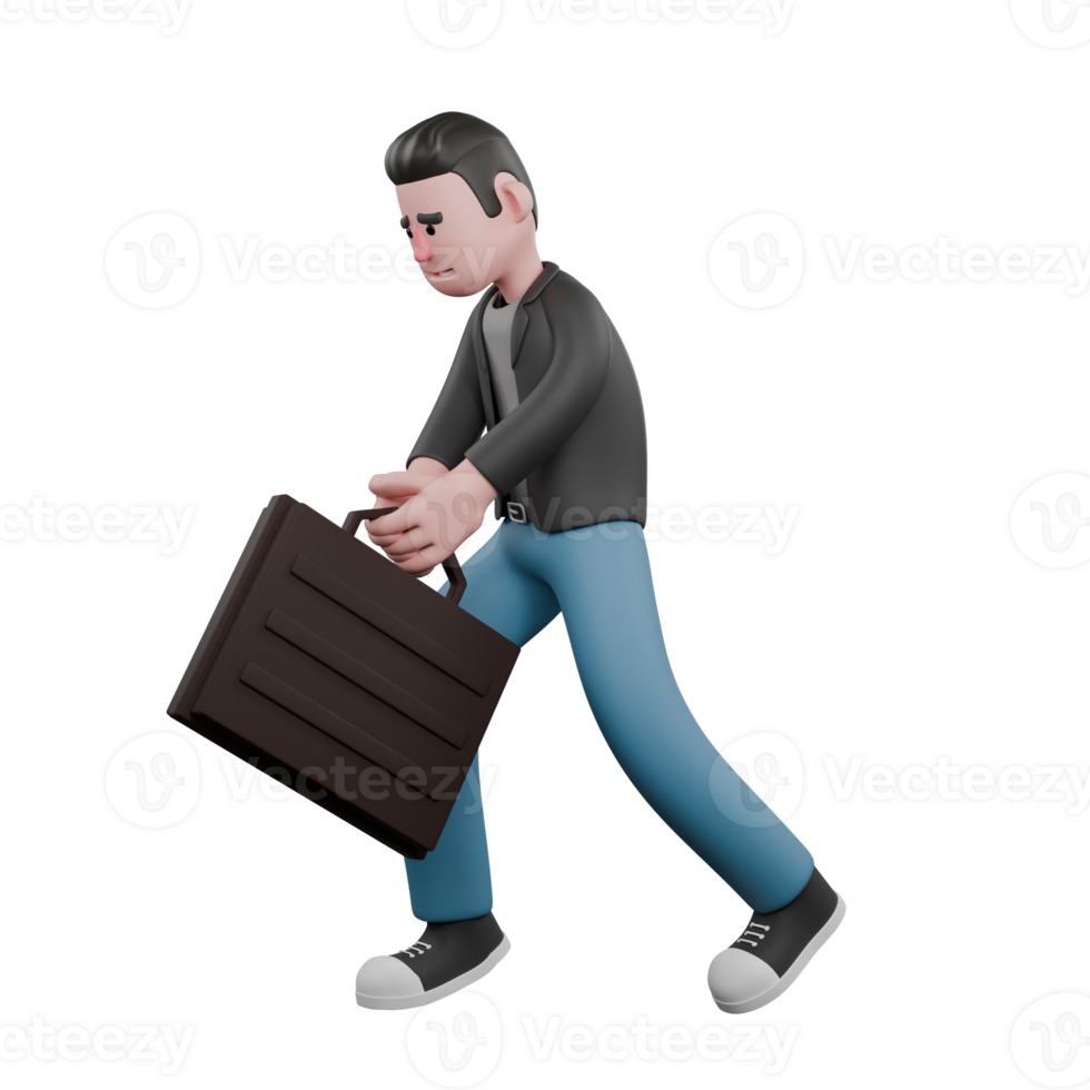 Cartoon-Style 3D Model. A Male Screenwriter walks with a slight bend while carrying a briefcase in both hands, tired expression.Cartoon Screenwriter Illustration Design png