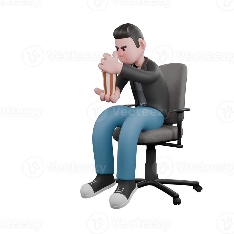 3D Screenwriter Character. A Male Screenwriter sits on a chair with his body slightly leaning forward, both hands holding popcorn. Artistic Illustration png