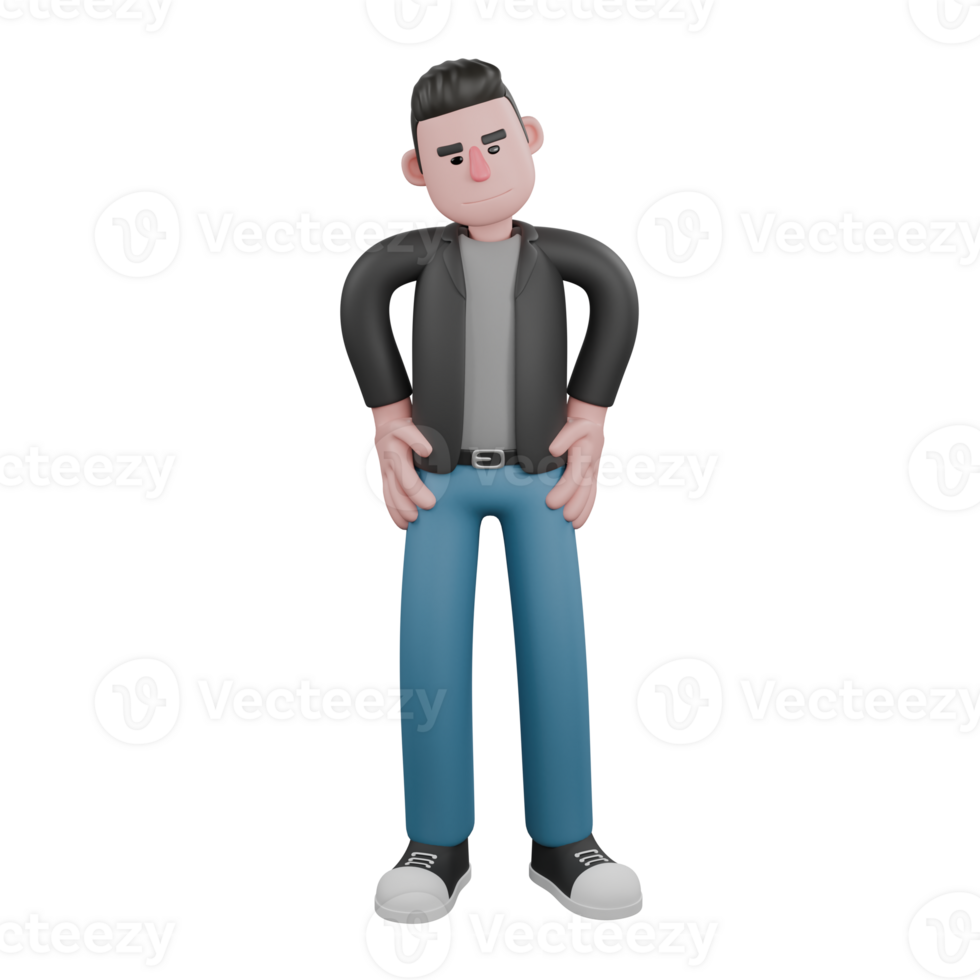 Professional Screenwriter Cartoon Design. A male screenwriter stands with both hands on his waist, expression serious. 3D Artistic Model png