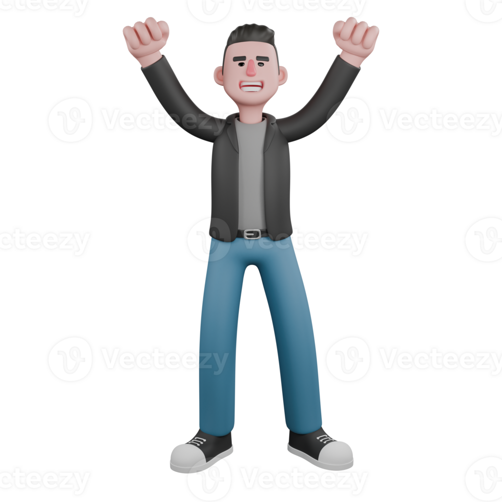 3D Screenwriter Character. A male screenwriter stands with both hands clenched above, expression joyful. Artistic Illustration png