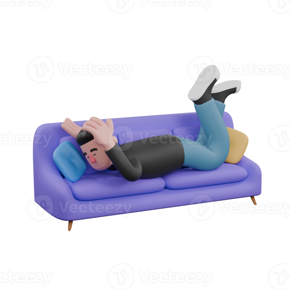 3D Screenwriter Character. A Male Screenwriter is lying face down on a sofa with his hands beside his head, eyes closed. Artistic Illustration png